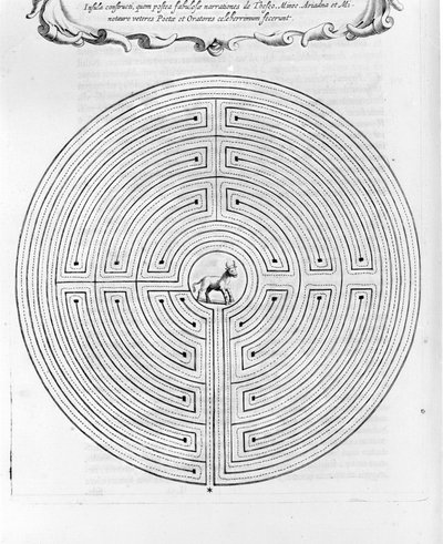 Labyrinten af Cnossos designet af Dedale - I midten er minotauren - "Turris Babel" af Athanase Kircher - Amsterdam af Athanasius Kircher