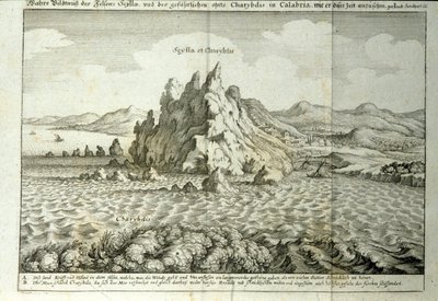 Udsigt over klipperne "" Charybde"" og "" Scylla"" i Detroit of Messina, Sicilien""" Gravering fra "" Mundus Subterraneus"" af Athanasius Kircher (1601-1680), jesuite, orientalist og lærd 1682 af Athanasius Kircher