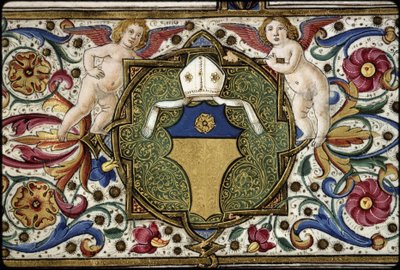 Missal af Thomas James: detalje af kommissærens våben, "Or, on a chief azure a rose Or". af Attavante degli Attavanti