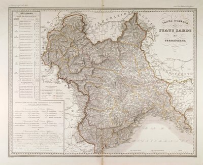 Sardinske stater på fastlandet. Kort af Attilio Zuccagni-Orlandini, taget fra Geographic Atlas of Italian States, Firenze, gravering på kobber af Attilio Zuccagni Orlandini