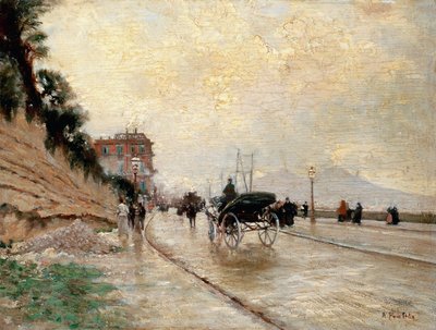 Vogn på promenaden i Napoli (olie på panel) af Attillo Pratella