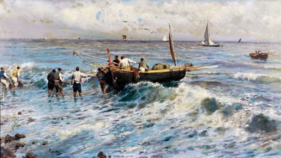 Havlandskab med fiskere (maleri) af Attillo Pratella