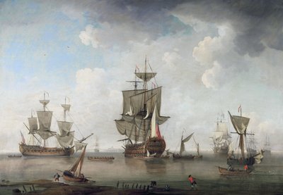 Krigsmænd i havnen af attributed to Charles Brooking
