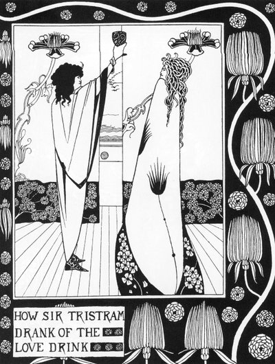 Arthurian Legend: "" Tristan drinking the love philtre""" Indgravering i "" Historien om Tristan og hans eventyr, som inkluderer hans kærlighedshistorie med Isolde"""" fra Sir Thomas Malory, udgave illustreret af Aubrey Beardsley (1872-1898) ) 1893-1894 (A af Aubrey Beardsley