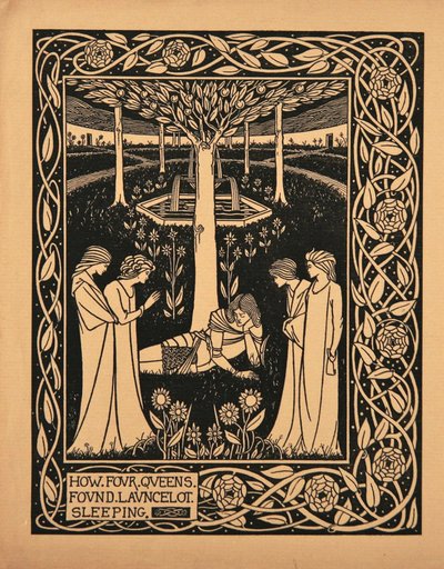 Hvordan fire dronninger fandt Lancelot sovende. Illustration til bogen Le Morte dArthur af Sir Thomas af Aubrey Beardsley