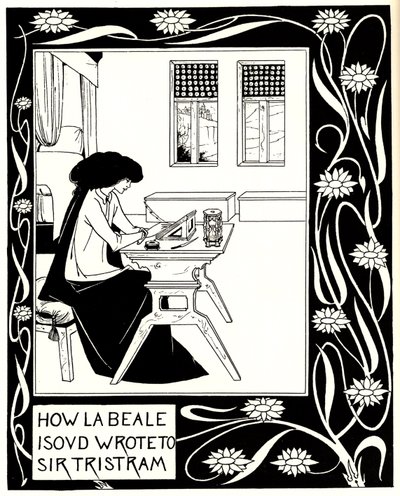 Hvordan La Beale Isoud skrev til Sir Tristram. Illustration til bogen Le Morte dArthur af Sir Thomas af Aubrey Beardsley