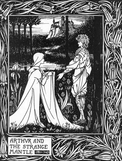 Kong Arthur modtager besøg af en ung pige sendt af gebyret Morgane (Kong Arthur og den mærkelige kappe sendt af Morgan den fay) Illustration af Aubrey Beardsley (1872-1898) fra Thomas Malorys "The Death of Arthur" af Aubrey Beardsley