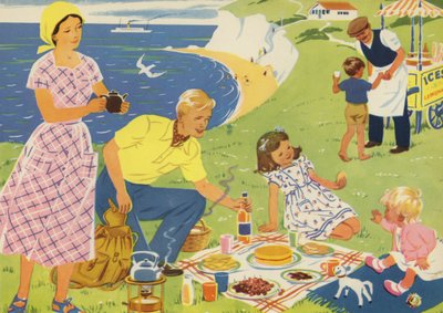 En picnic (farve litho) af Audrey Brunton