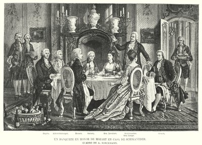 En banket til ære for Mozart i Schikaneders hus (litho) af August (after) Borckmann