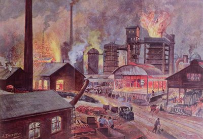 Fabrik med højovn, fra en serie bøger om LUnivers et lHumanite af H. Kraemer, udgivet i Paris i slutningen af det 19. århundrede (farvegravering) af August Dressel