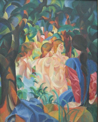 Badende piger med byen i baggrunden af August Macke