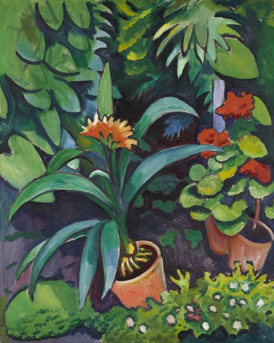 Blomster i haven, clivia og pelargonium af August Macke