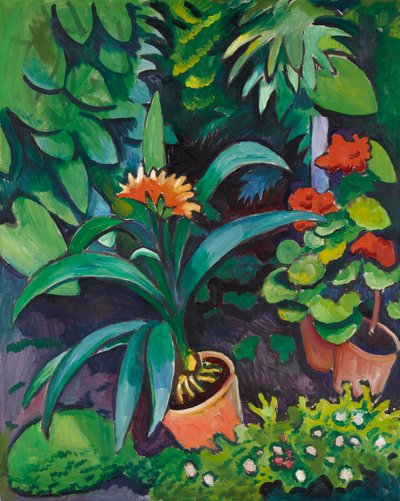Blomster i haven, kliviaer og pelargonier af August Macke