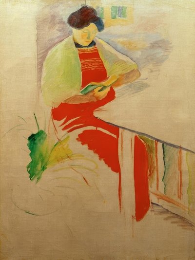 Kvinde med rødt forklæde på altan (Elisabeth) af August Macke