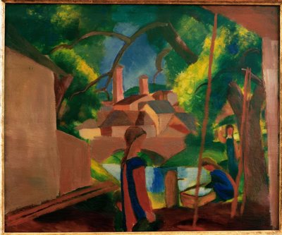 Børn ved springvandet med byen i baggrunden af August Macke