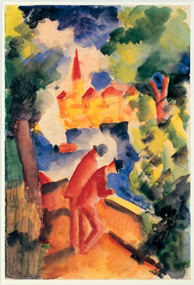 To mænd arm på rækværket med udsigt over en sø 1914 (akvarel) af August Macke