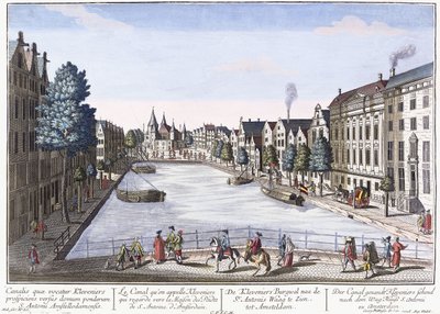 Vue af Kleveniers Canal, Amsterdam, ca. 1740-1770 (håndfarvet gravering) af August Vindel