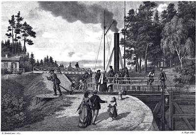 Udsigt over Juustila-slusen i Finland, 1873 af August Weger