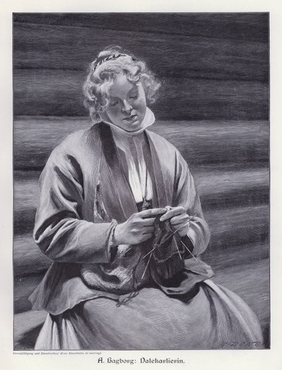 Portræt af en kvinde strikning (gravering) af August Wilhelm Nikolaus Hagborg