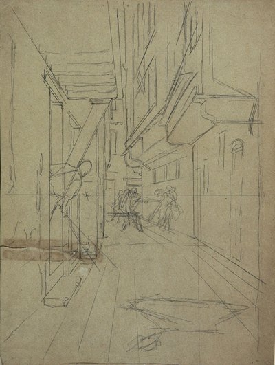 Perspektivskitse til "Street Fight in a Venetian Alley" af August von Pettenkofen