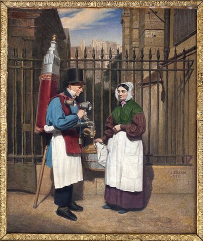 Kokoshandleren (forfriskende drik smagt til med lakrids) og dens maleriske springvand var blandt de kendte figurer på den parisiske gade i det 19. og begyndelsen af det 20. århundrede. Maleri af Augusta Le Baron Desves (1804-?), olie på lærred af Augusta Le Baron Desves