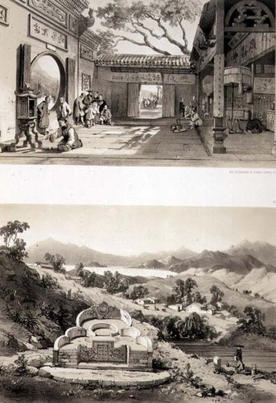 Indvendigt billede af det store tempel i Macao og en grav og en landsby mellem bugtene i Hong Kong og Cowloon, plader 8 og 7 fra 