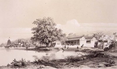 Mandarinens hus ved Macao-Canton-kanalen, plade 20 fra "Sketches of China", graveret af Eugene Ciceri (1813-90) 1842 (tonet litografi) af Auguste (after) Borget