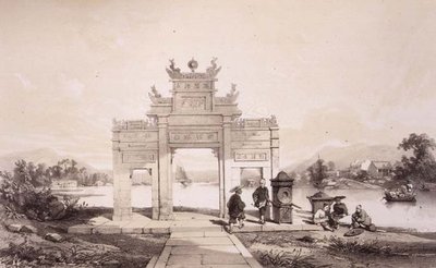 Triumfbuen ved Macao-Canton-kanalen, planche 19 fra "Sketches of China", graveret af Eugene Ciceri (1813-90) 1842 (tonet litografi) af Auguste (after) Borget
