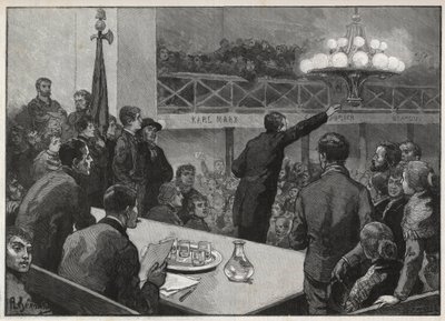 Møde til strejken ved Vooruit i 1885 - indgravering i 1885 "Le monde illustrious" - tegning af Gerardin af Auguste (after) Gerardin