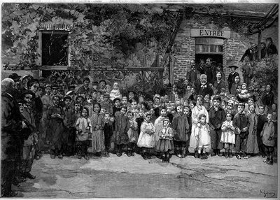 Victor Hugo (1802-1885) med de fattige børn af Veules en Caux (Veules-en-Caux), som han tilbød en banket den 24. september 1882. Indgravering af Gerardin i "" Le Monde Illustré"" n°1333 af 14 oktober 1882. af Auguste (after) Gerardin
