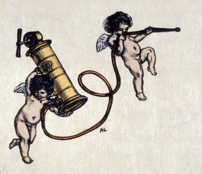 Glæden ved clystere. To engle iført en pumpe til lavement. Illustration af Auguste Leroux (1871-1954) af Auguste (after) Leroux