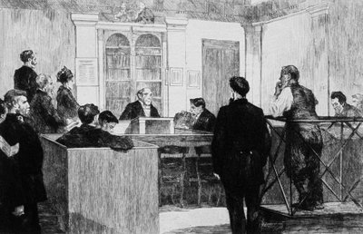 Bow Street Police Court Hall i London i 1884 (kobberstik) af Auguste Andre Lancon