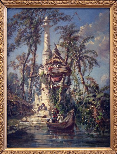 Observatorium ved bredden af Hoogly-floden (Bengalen, Indien). Maleri af Auguste Borget (1808-1877), olie på mahognitræ af Auguste Borget