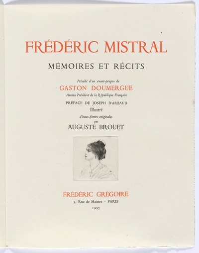 Frédéric Mistral: Mémoires et Recits af Frédéric Mistral: titelblad, buste af kvinde i profil af Auguste Brouet