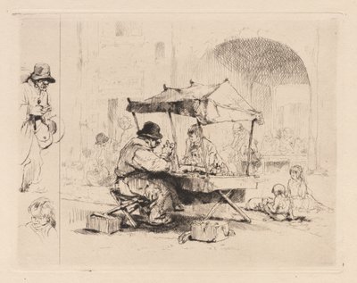 [Købmand i sin bod med børn, der leger] af Auguste Brouet