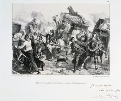 Beboere i forstæderne ankommer til Paris før preusserne belejrer byen, 1870 1872 af Auguste Bry