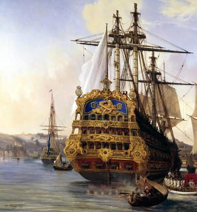 Skibet "le foudroyant" i havnen i Brest i 1724"" Detalje. maleri af Auguste Mayer (1805-1890) 1724 Brest, Museum of Fine Arts - Skibet "" Le Foudroyant""" i Brest havn af Auguste Etienne Francois Mayer