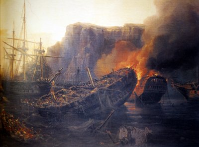 Fransk:  Le soir de la bataille de Navarin, 1827 Aftenen i slaget ved Navarino af Auguste Etienne Francois Mayer