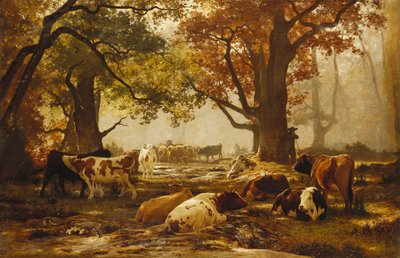 Kvæg i et skovklædt flodlandskab, af Auguste Francois Bonheur