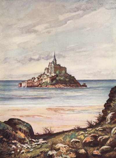Frankrig: Mont Saint-Michel (farvelitografi) af Auguste Gerardin