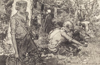Indsamling af maj-lilje La cueillette du muguet, 1908. af Auguste Lepere