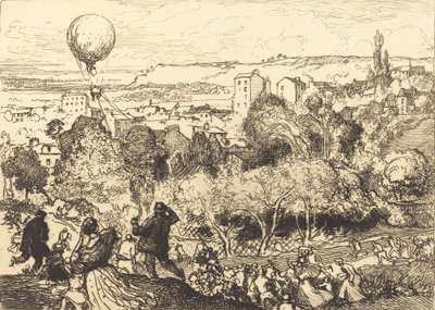 Den faldende ballon, i Pre-Saint-Gervais Lebaloon qui grav, i Pre-Saint-Gervais, 1910. af Auguste Lepere