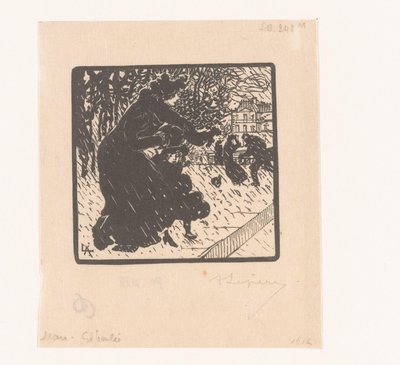 Kvinde og barn i en regnbyge Giboulées i Luxembourg Mars Giboulée (titel på objekt) Januar, februar og marts 1894 (serietitel) Janvier, Février et Mars 1894 (serietitel) af Auguste Lepère (signed by artist)