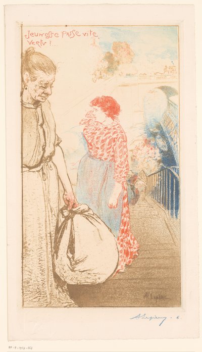 Vaskekoner på en trappe langs Seinen Jeunesse passe vite vertu! (titel på objekt) af Auguste Lepère (signed by artist)