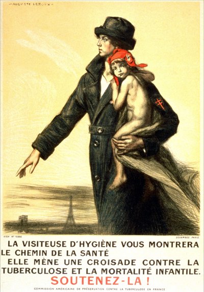 Hygiejnebesøget vil vise dig vejen til sundhed, hun vil bekæmpe tuberkulose og børnedødelighed - plakat fra den amerikanske kommission til bevarelse af tuberkulose i Frankrig, ill. af Auguste Leroux (1871-1954) af Auguste Leroux