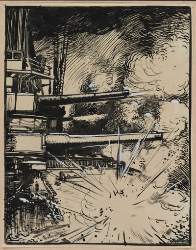 Bombe eksploderer på en kuras med kanoner rettet, 1914. af Auguste Louis Lepère