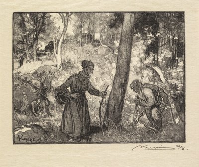 Fontainebleau Forest: Svampejægere ved Rocher Bernard La Forêt de Fontainebleau..., 1890. af Auguste Louis Lepère