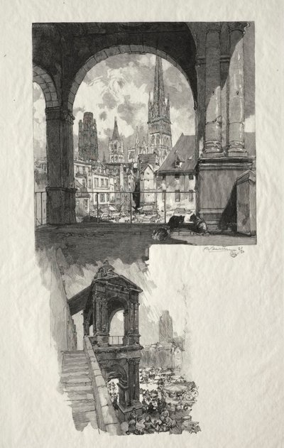 Illustreret Rouen: Place de la Haute Vieille Tour, Edicule de la Fierte, 1896. af Auguste Louis Lepère