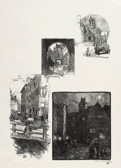 Illustreret Rouen: Rue des Charretes; Halage Gade; Rue Eau de Robec; Kunstpladsen af Auguste Louis Lepère
