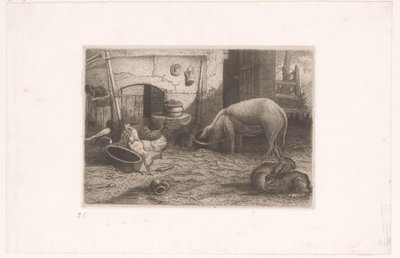 Gris, høns og kaniner i en lade af Auguste Numans (attributed to)